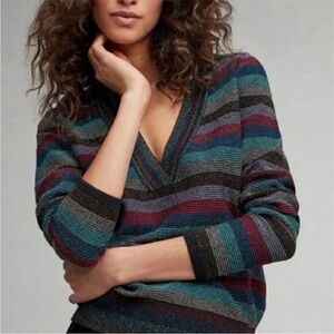 Anthropologie Moth | Women’s Black/Green Multicolor Glitter V-Neck Sweater Sz XS
